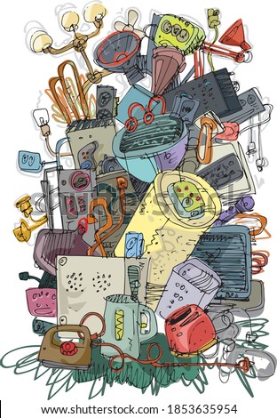 A big pile of electronic trash. Old and obsolete component and hardware pollute environment. Handmade sketch. Caricature.
