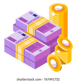 Big pile of euro money and some gold cents. Money icon in isometric style. Money illustration of wealth and condition