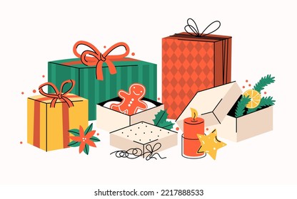 Big pile of gift boxes in festive wrapping paper with ribbon, bows, decorative elements. Stack of different presents for holiday. Happy New Year and Christmas. Colored flat vector festive illustration