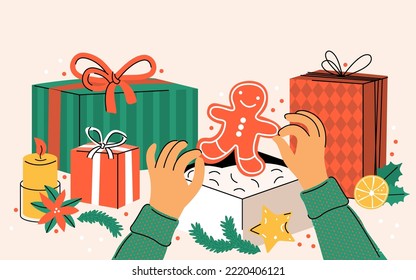 Big pile of gift boxes in festive wrapping paper with ribbon. Girl is holding a gingerbread in her hands. Stack of different presents. Happy New Year and Christmas. Colored flat vector illustration