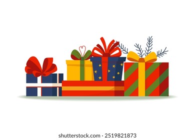 Big pile of gift boxes in festive wrapping paper with ribbon and bows. Different presents for Christmas holiday. Flat vector illustration isolated on white