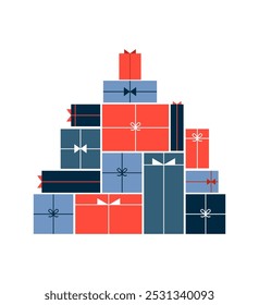 Big pile of gift boxes in festive wrapping paper with ribbon and bows in minimalist style . Stack of different presents for Christmas holiday. Flat vector illustration isolated on white.