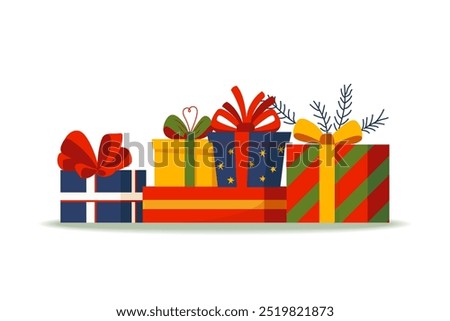 Big pile of gift boxes in festive wrapping paper with ribbon and bows. Different presents for Christmas holiday. Flat vector illustration isolated on white