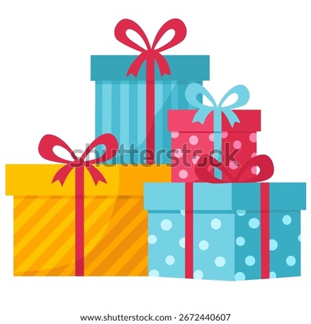 Big pile of gift boxes in festive wrapping paper with ribbon and bows. Stack of different presents for Christmas or birthday holiday. Many various giftboxes. Flat vector illustration isolated on white