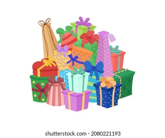 Big Pile Of Gift Boxes. Heap Of Colorful Giftbox Presents Isolated On White Background. Vector Illustration.