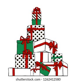 Big pile of gift boxes stripes and polka dots wrapped. Mountain of gifts. Beautiful present boxes with red bow. Gift box icon. Gift symbol. Christmas gift box. Isolated vector illustration
