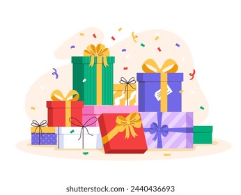 Big pile of gifts concept. Presents and surprises in boxes. Preparation for holiday and festival. Happy birthday, New Year or Christmas. Cartoon flat vector illustration isolated on white background