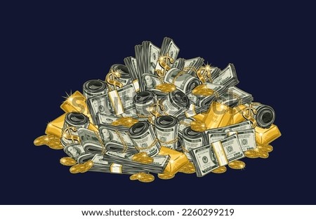 Big pile, heap of cash money, gold ingots, coins. Colorful vintage illustration with money rolls, wads, stacks of US 100 dollar bills on dark background. Concept of wealth and success.