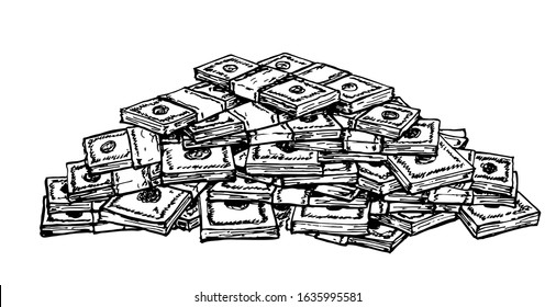 Big pile of money american dollar bills. Sketch illustration. vector illustration, heap of cash, pack, packet, parcel, batch, flock, package isolated on white background.