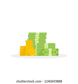 Big Pile Of Money And Coins, Heap Of Cash Flat Cartoon Style. Vector Illustration.