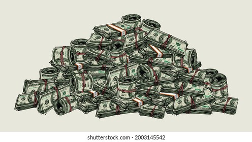 Big Pile Of Money Colorful Concept With Stacks And Rolls Of Dollar Bills In Vintage Style Isolated Vector Illustration