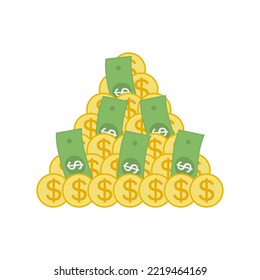 Big pile of money. Gold coins and paper dollars. Vector illustration. 