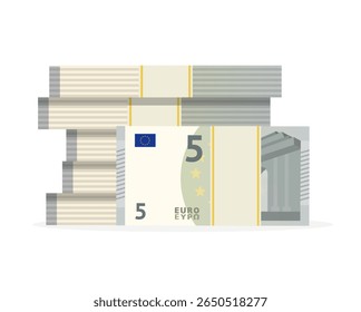 Big pile of money isolated on white background. 5 euro money banknotes fan. Europen bill cash money. Five euro. Vector stock