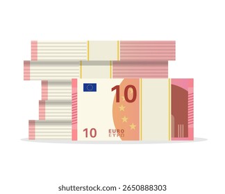 Big pile of money isolated on white background. 10 euro money banknotes fan. Europen bill cash money. Ten euro. Vector stock