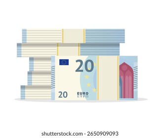 Big pile of money isolated on white background. 20 euro money banknotes fan. Europen bill cash money. Twenty euros. Vector stock