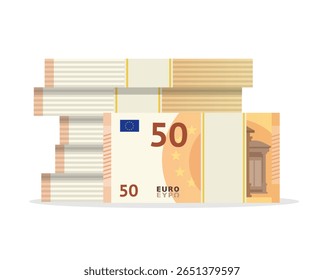 Big pile of money isolated on white background. 50 euro money banknotes fan. Europen bill cash money. Fifty euros. Vector stock