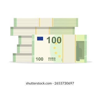 Grande pilha de dinheiro isolado no fundo branco. Notas de 100 notas de euro fã. Dinheiro de cédula europeia. Cem euros. Estoque vetorial