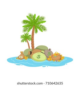 Big pile of money lying on a tropical island, offshore banking concept vector Illustration