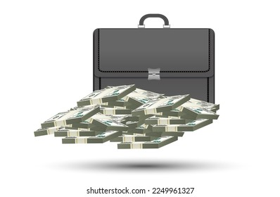 Big pile of money vector illustration, American dollars. Briefcase.