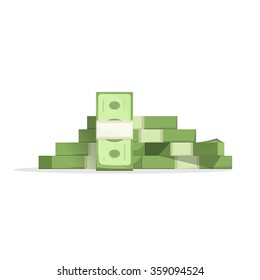 Big pile of money vector illustration, heap of cash flat cartoon style, American dollars, pack, packet, parcel, batch, flock, package modern design isolated on white background