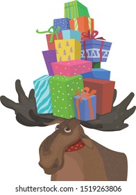 Big pile og gifts on the elk's horns. Vector illustration on white background.  