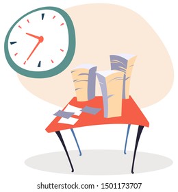 Big pile of paper documents on orange office desk. Green clock hanging on wall. Time management, successful organization of tasks and appointments, burning deadline concept vector illustration