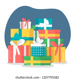 Big pile of present in gift boxes with ribbon. Holiday decoration for christmas greeting card. Anniversary celebration. Cute surprise. Vector flat illustration