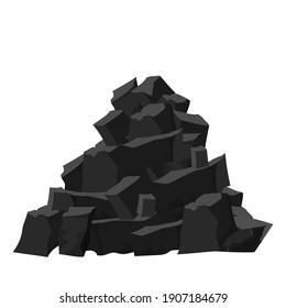 Big pile, stack of coal pieces, charcoal in cartoon style isolated on white background. Black and dark grey colours, detailed drawing. Heavy industry, construction of ore, resource.