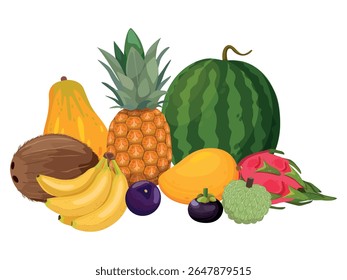 Big pile of tropical fruits. Pineapple, watermelon, bananas, coconut, annona, mango, papaya, pitaya, passionfruit. Cartoon vector illustration 
