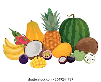 Big pile of tropical fruits. Pineapple, watermelon, bananas, coconut, annona, mango, papaya, pitaya, passionfruit. Cartoon vector illustration. Whole fruits and half