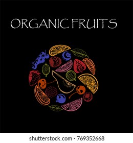 Big pile of various fruits and berries , such as pear, cherry, blueberry, currant, raspberry, BlackBerry, lemon, orange . The concept of healthy eating. Vector illustration for cards, menus, banners 