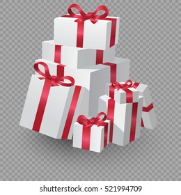 Big Pile Of White Gift Boxes With Ribbon. Vector Illustration