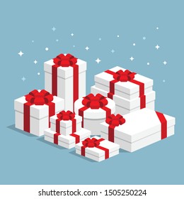 Gran pila de cajas de regalo envueltas en blanco con cintas rojas de diseño plano. Gran venta 