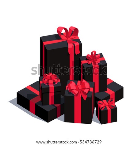 Big pile of wrapped black gift boxes decorated with red ribbon and bows. Lots of holiday presents. Flat style vector illustration isolated on white background.