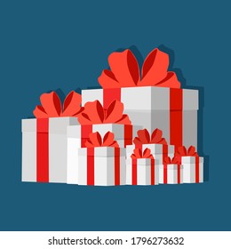  Big pile of wrapped white gift boxes decorated with red ribbon. Lots of holiday presents. vector illustration
