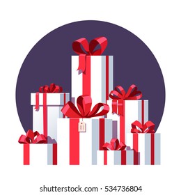 Big Pile Of Wrapped White Gift Boxes Decorated With Red Ribbon And Bows. Lots Of Holiday Presents. Flat Style Vector Illustration Isolated On Background.