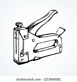Big pin join craft device on white table desk space for text. Freehand outline black ink pen drawn job flat object logo emblem pictogram sketchy in art doodle cartoon style. Close up side macro view