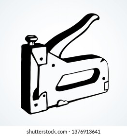 Big pin join craft device on white table desk space for text. Freehand outline black ink pen drawn job flat object logo emblem pictogram sketchy in art doodle cartoon style. Close up side macro view