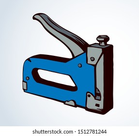 Big pin join craft device on white table desk space for text. Bright blue color drawn job flat object logo emblem pictogram insignia design in art contour cartoon print style. Close up side macro view