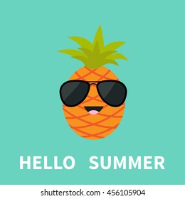Big pineapple fruit with leaf wearing sunglasses. Cute cartoon smiling character. Hello summer Greeting Card. Flat design. Blue background. Vector illustration