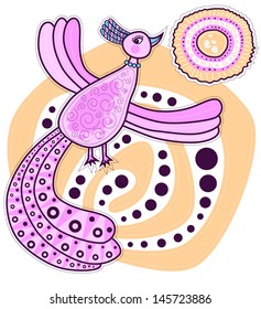 Big pink bird flying to the sun is widely swinging wings. The bird has a big beautiful tail. Children's drawing style with decorative elements.