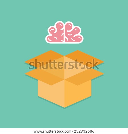 Big pink brain and opened cardboard package box Business Idea concept. Flat design Vector illustration