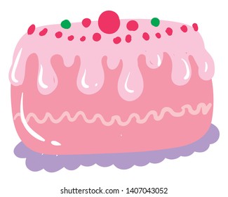 A big pink cake with lots of cherries on top, vector, color drawing or illustration. 