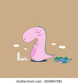 The big pink dino has a city building in front and a small mountain in the back. simple pastel color isolated on light brown background vector illustration.