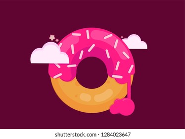 Big pink donut on a purple background in the clouds.