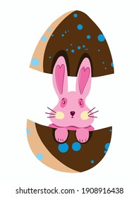 un gran conejo rosa de Pascua en un huevo de chocolate. imagen vectorial aislada. bomba de chocolate caliente.