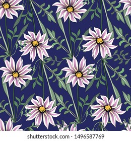 Big pink flowers on a blue background. Seamless patern. Vector illustration for fabric, tiles, decoupage.