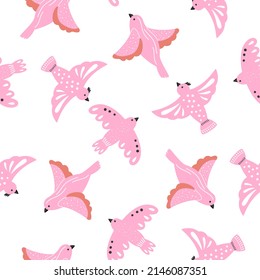 Big pink flying dove on a white background seamless pattern. Summer spring time of bright bird