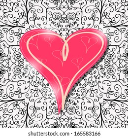 Big Pink Heart Card with Abstract Black Pattern Background. Vector Valentine's Day Illustration