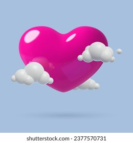 Big pink heart flying in the clouds on the blue sky. Romantic 3D vector illustration for February 14 and Valentine's Day. Three dimensional plastic baby toy style design elements.